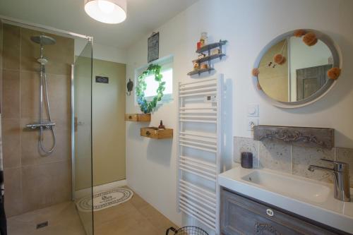 une salle de bain avec une douche, un lavabo et un miroir dans l'établissement Maison Etadame, à Aizier