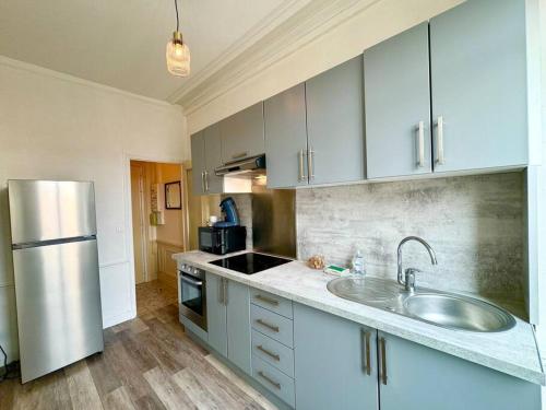 une cuisine avec un évier et un réfrigérateur dans l'établissement Les Palmettes Hypercentre Reims, à Reims