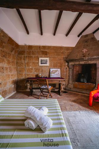 a living room with a bed and a fireplace at Libera Mente Civita in Bagnoregio