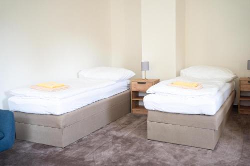 two beds sitting next to each other in a room at Apartmány na Dolní in Rumburk