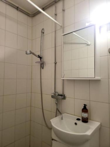 a bathroom with a shower and a toilet and a sink at Cozy apartment in Kemi City in Kemi