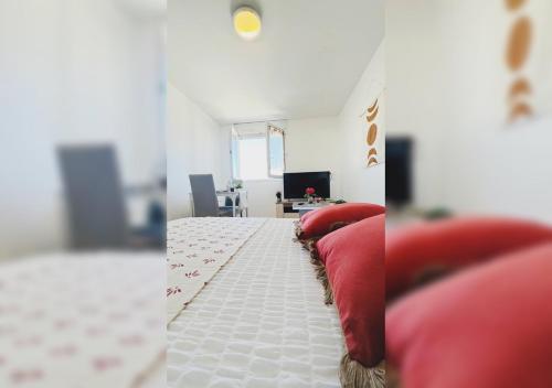 - un salon avec un lit rouge et une télévision dans l'établissement Le Cosy Zen Studio, à Valence