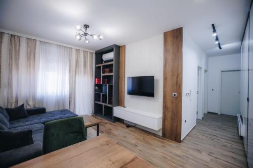 a living room with a couch and a tv at DUGA PARK lux in Kragujevac
