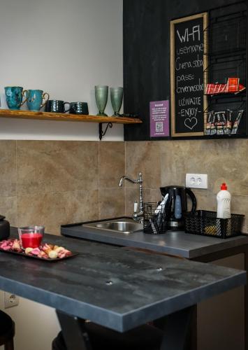 a kitchen counter with a sink and a plate of food at Jacuzzi Express in Novi Sad