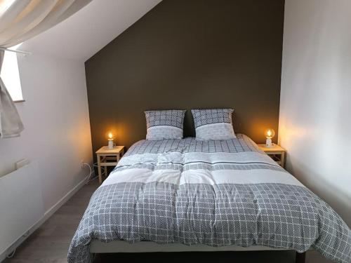 a bedroom with a large bed with two night stands at gîte des marguerites in Montigny-en-Morvan