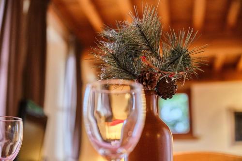 a wine glass with a christmas tree in it at Chalet il fera beau demain in Villard-Reculas