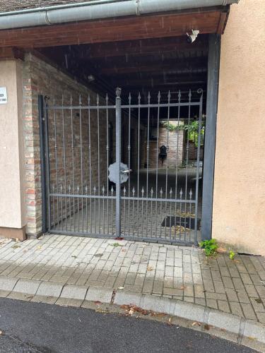 a gate of a building with a dog inside at Partapartman in Gyula