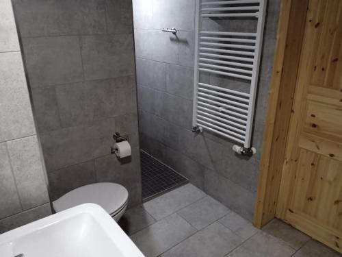 a bathroom with a white toilet and a shower at Flaty-Bielefeld Handwerker Rustikal in Bielefeld