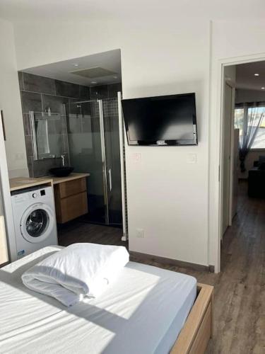 une chambre avec un lit et une télévision au mur dans l'établissement Charmante dépendance, à Balaruc-les-Bains