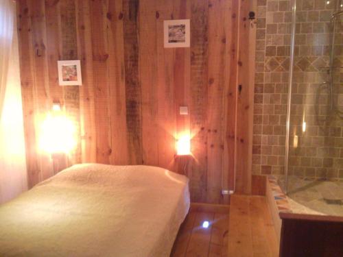 - une chambre avec un lit, une douche et une baignoire dans l'établissement La POULIDO au pied du Mont Ventoux PROVENCE, à Bédoin