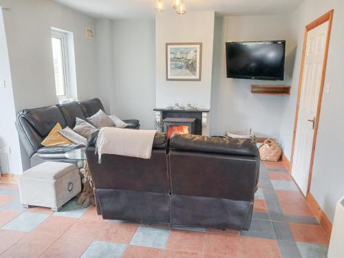 a living room with a leather couch and a tv at Seamount Holiday Village No 26 by Trident Holiday Homes in Courtown