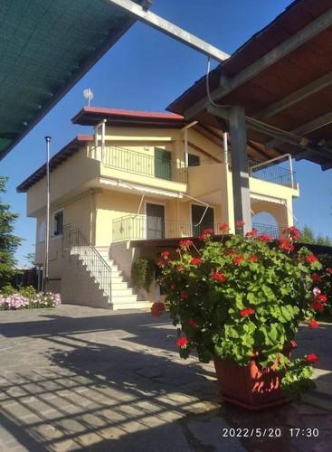 a house with a large flower pot in front of it at Country House Nannos in Néa Thésis