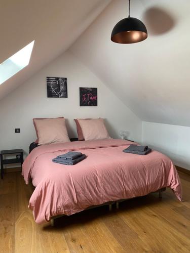 a bedroom with a large bed with a pink blanket at Le cœur de St Martin in Bréhal