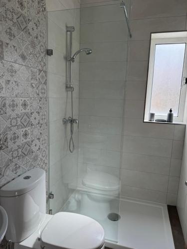 un bagno bianco con wc e doccia di Sliema Shoreside Suite a Sliema