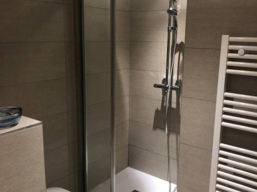 a shower with a glass door in a bathroom at Appart cosy 3 pièces, ski-in/out, piscine & spa, 8-10 pers. - FR-1-461A-26 in Arc 1600