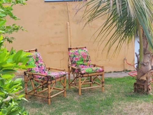 two chairs sitting in the grass near a palm tree at Casa de 2 quartos no Circuito das Aguas - Churrasqueira, fogão e forno a lenha in Lindóia