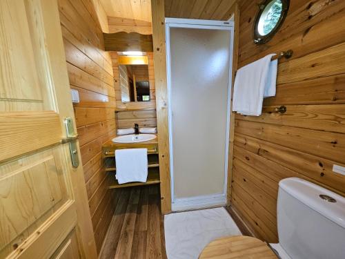une salle de bain avec toilettes et lavabo dans l'établissement Le Roulottes du Petit Gouffre de Padirac avec Spa, à Padirac