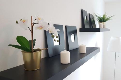 a black shelf with two candles and a plant on it at Cosy flat in a quiet location with free parking in Nitra