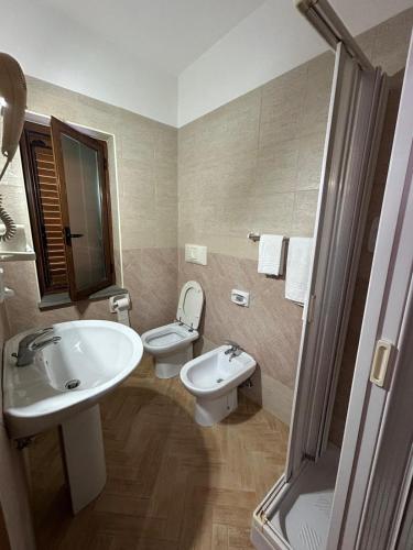 a bathroom with a sink and a toilet and a shower at Hotel Canada in Falerna Marina
