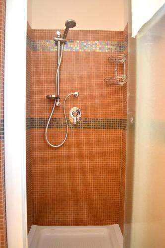 a bathroom with a shower with orange tile at Agriturismo Colle Mura in Morano Madonnuccia