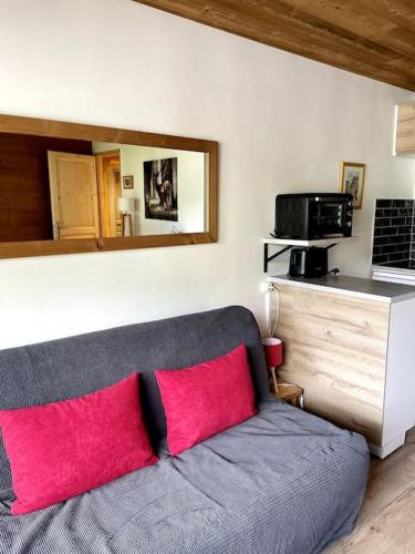 - un canapé avec deux oreillers roses dans l'établissement Studio 4 p avec terrasse proche remontée mécanique, à Champagny-en-Vanoise