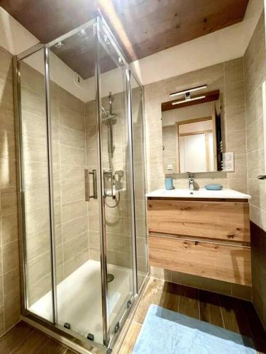 une salle de bain avec douche et lavabo dans l'établissement Studio 4 p avec terrasse proche remontée mécanique, à Champagny-en-Vanoise