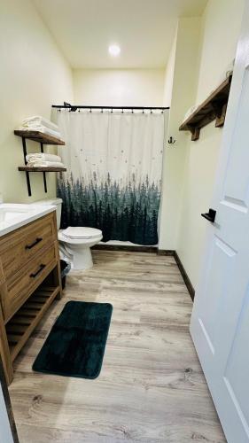 a bathroom with a toilet and a shower curtain at Big Bear near Canyon Lakes in Kennewick