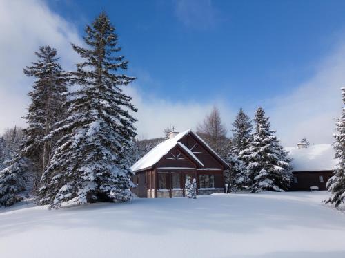a cabin in the snow with snow covered trees at Royal Laurentien in Mont-Blanc