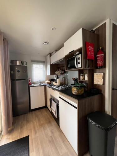 Il comprend une petite cuisine équipée d'une cuisinière et d'un réfrigérateur. dans l'établissement CHEZ Soso et Jean-Mi, à Lège-Cap-Ferret