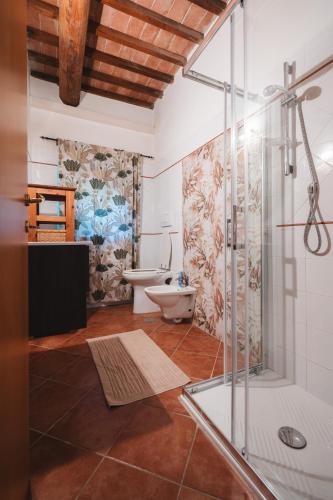 a bathroom with a toilet and a glass shower at Villa San Giusto - Pool&Relax in Montemassi