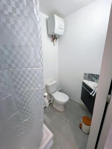 une salle de bain blanche avec toilettes et douche dans l'établissement Mini studio 10m2 central & clim Idéal pour une escale à Béziers, à Béziers