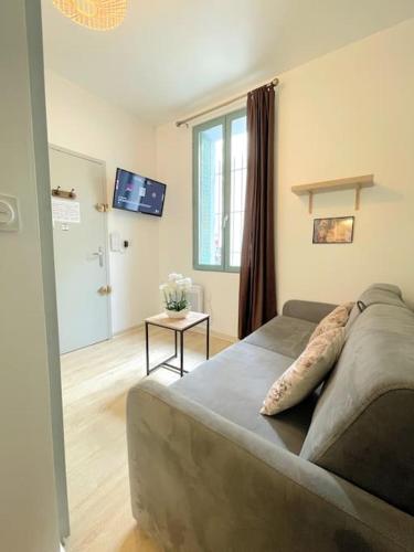un salon avec un canapé et une table dans l'établissement Mini studio 10m2 central & clim Idéal pour une escale à Béziers, à Béziers
