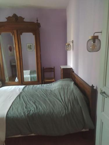 une chambre avec un lit et un grand miroir dans l'établissement Agréable maison au bord de la rivière, à Campagne-sur-Aude