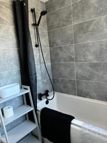 a bathroom with a shower with a ladder next to a tub at Stylish 3 bedroom house in Whitchurch