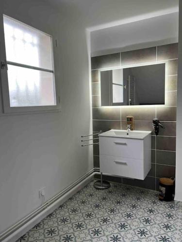 une salle de bain avec un lavabo blanc et un miroir dans l'établissement Logement avec parking Cité Médiévale, à Provins