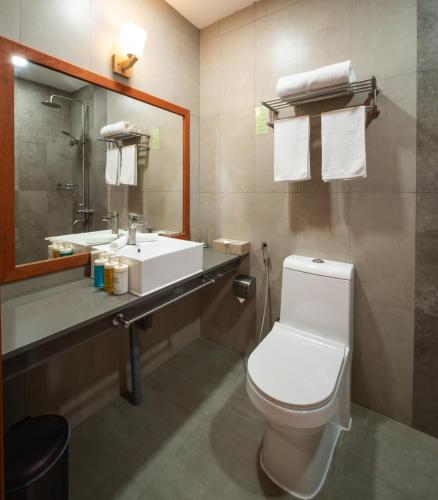 a bathroom with a toilet and a sink and a mirror at Araamu Hotels Maldives at Dhiffushi in Dhiffushi