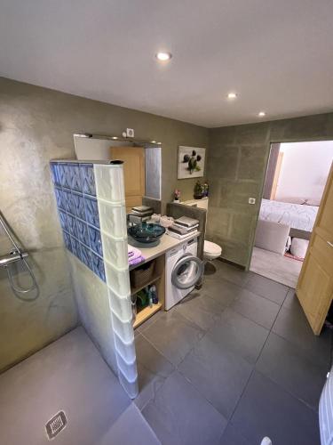 Il comprend une petite cuisine équipée d'une cuisinière et d'un lave-linge. dans l'établissement Loft 45m2 Piscine, à Carqueiranne