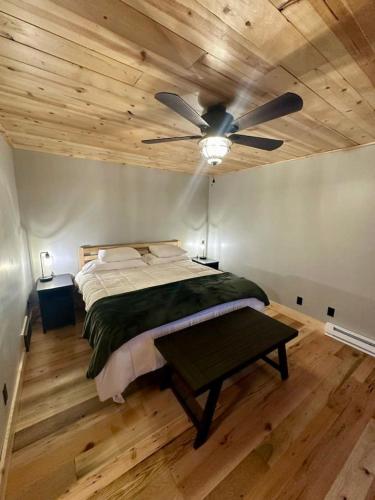 a bedroom with a bed and a ceiling fan at Pleasant Lake Bed and Breakfast in Osceola