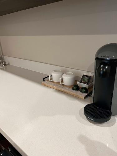 a coffeemaker sitting on a counter with cups on a shelf at The Palms in Belize City