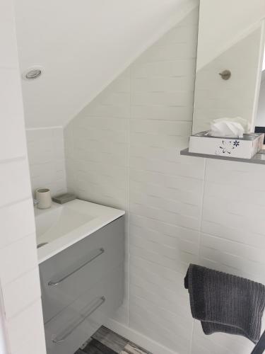 une salle de bain blanche avec un lavabo et un miroir dans l'établissement La maison Kerserho, à Plouhinec