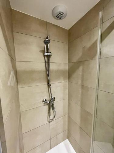 une salle de bain avec une douche avec une porte vitrée dans l'établissement Grand studio Champagny-le-Haut, à Champagny-en-Vanoise