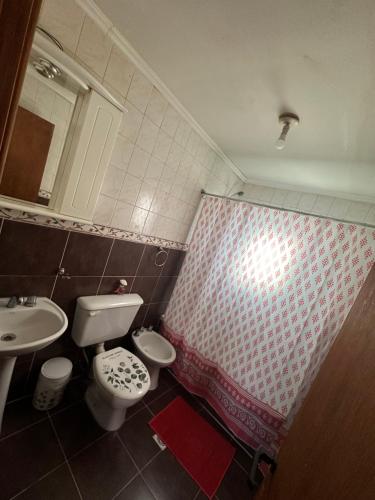 Un baño con lavabo, inodoro y ducha. en Hospedaje al Fondo, en Gobernador Gregores