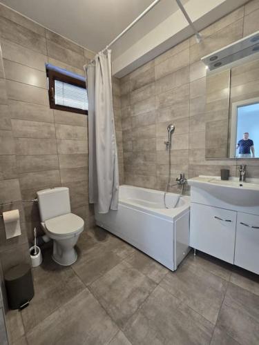 a bathroom with a tub and a toilet and a sink at Garsoniera zona ISU Bistrita in Bistriţa