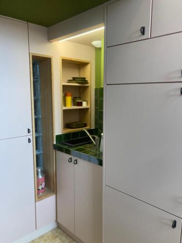 une cuisine avec des armoires blanches et un évier dans l'établissement Studio avec vue, à Lyon