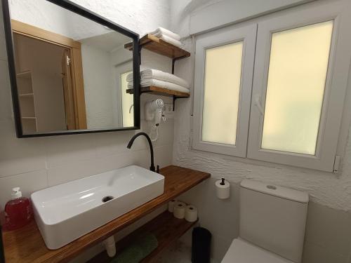 a bathroom with a sink and a toilet and a mirror at Calle Yelmo de Mambrino 19 in Campo de Criptana