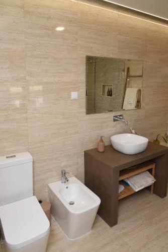 a bathroom with a white toilet and a sink at Torga42 in Ponte de Sor