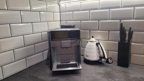 a coffeemaker in a kitchen with a penguin and a cape at Siedlisko Przy Lesie Alpaka 3 in Workiejmy