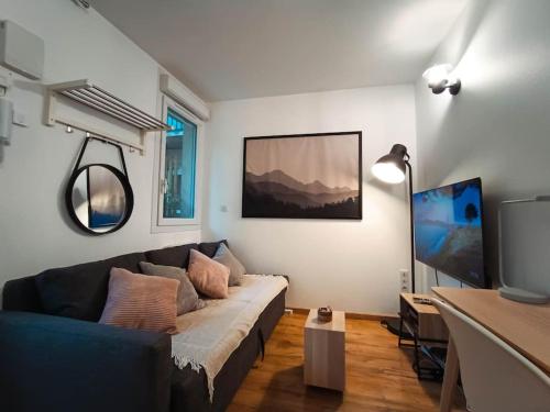 un salon avec un canapé et une télévision dans l'établissement Studio calme et lumineux près de la gare, à Toulouse