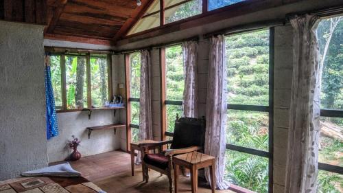 a room with a chair in a room with windows at Whitetea Estatehouse Tree House in Munnar