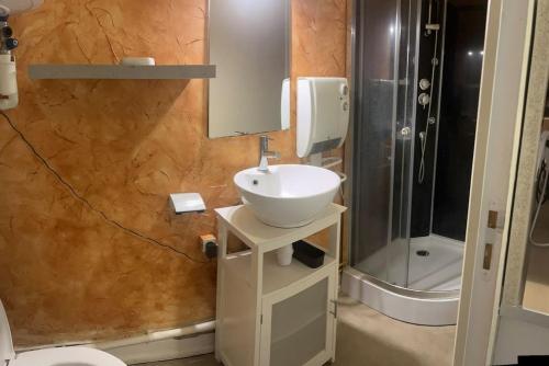 une salle de bain avec un lavabo et une douche dans l'établissement Appartement Pierre Marty T2 centre-ville Aurillac, à Aurillac